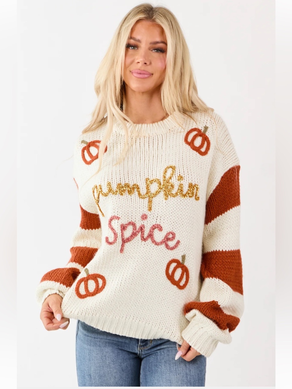 Main Strip Cream Pumpkin Spice Sweater Fall Soft Knit Boutique Women Medium M